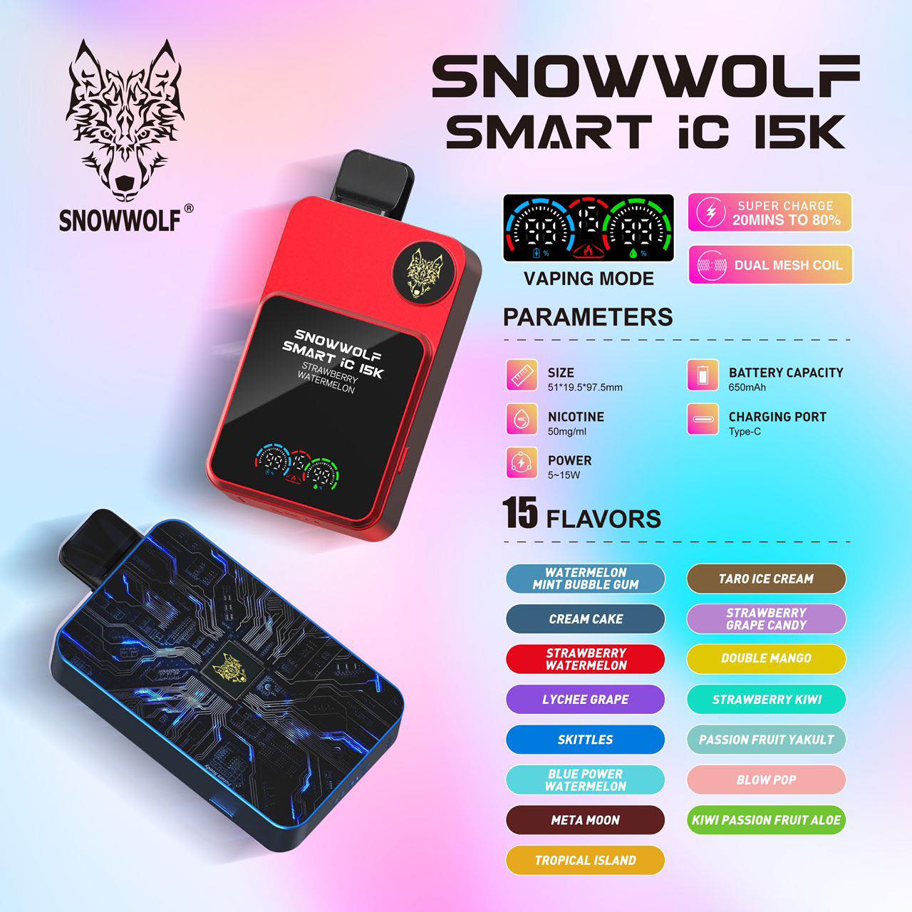 SNOWWOLF SMART IC 15000 RECHARGEABLE DISPOSABLE